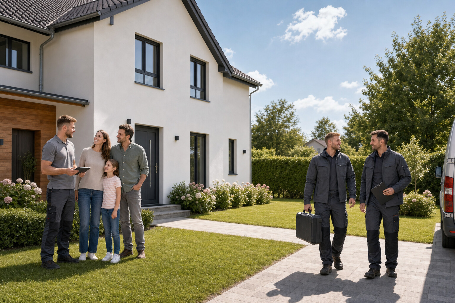 Luca bespricht sich vor einem Einfamilienhaus mit einer Familie, während das koordinierte Fachteam eintrifft